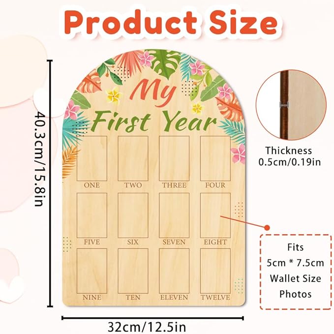 ORIGACH My First Year Baby Growth Photo Display Wood Board - 12 Months Newborn Milestones Photo Board - Neutral Baby Keepsake Board 1st Birthday Party Nursery Decor New Mom Gift - Tropical Leaves