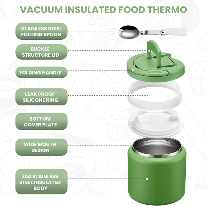 Soup Thermo for Hot Food Kids 25.5oz Lunch Containers with Buckle Lid Wide Mouth Hot Food Jar Vacuum Insulated Stainless Steel Bento Box Leakproof with Spoon(Green)