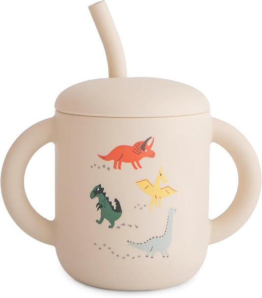 mushie 100% Silicone Training Cup & Straw for Toddlers | 6 Months+ (Dinosaurs)