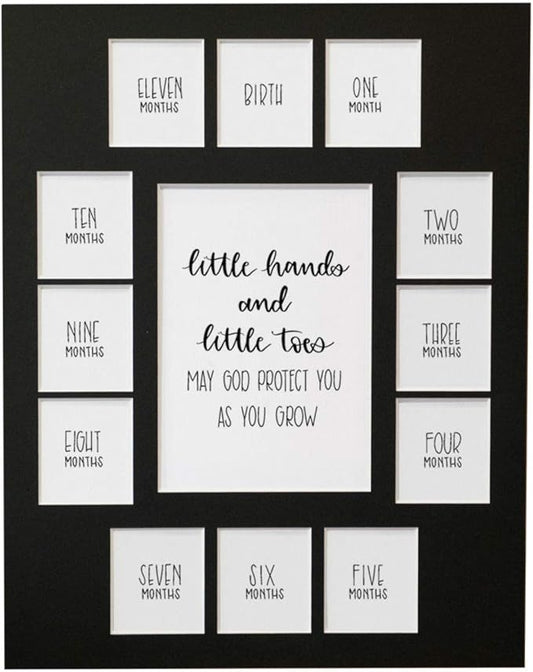 Rustic Red Door Co. Baby's First Year Picture Mat - No Frame - Little Hands and Little Toes Photo Collage - 13 Picture Slots - Newborn Birth to One Year Birthday - Watch Your Baby Grow (Black Mat)