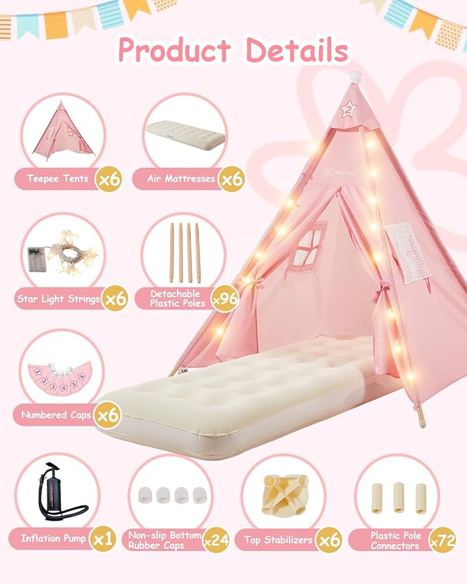 6 Pack Teepee Tent for Kids with Inflatable Airbed, Light, Toddler Tent Children Room Tents, Slumber Party Sleepover Tents, Indoor Outdoor Kids Playtent Playhouse for Girls & Boys