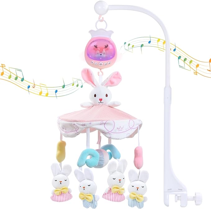 Baby Crib Mobile for Girls with Music, Lights & Projection, Adjustable Volume, 360° Rotating Plush Crib Toys with Detachable Musical Box, Hanging Mobile for Crib, Nursery Decor