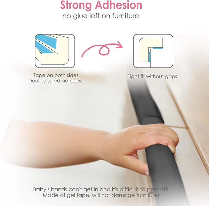 Baby Proofing Corners and Edges Protector Guards (16.5FT Edge +8 Corners), Soft Rubber Foam Edge Protector with Removable Double Sided Tapes, Furniture Table Bumper Guard for Baby Safety-Black