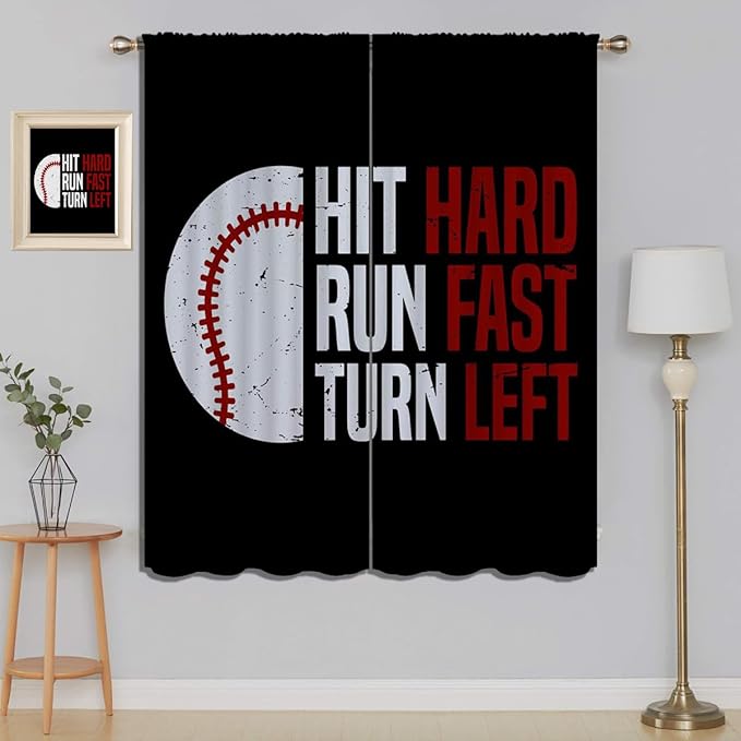 Baseball Blackout Curtains for Boy Girl Room Darkening Decor,Sport Theme Red and White Motto Dark Bedroom Living Room Home Rod Pocket Thermal Insulated Window Curtain/Drapes Panel,84x63 Inch…