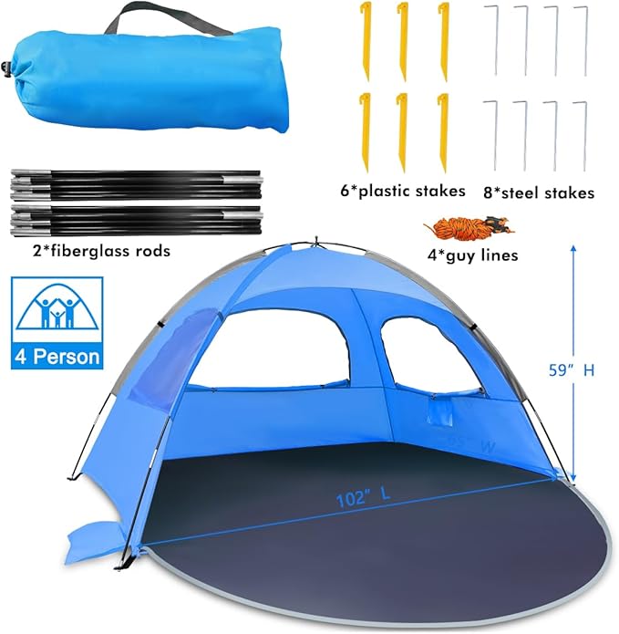 NXONE Beach Tent Sun Shade Shelter for 3/4/6 Person Person with UV Protection, Extended Floor, 3 Mesh Roll Up Windows & 8.0/8.5mm Fiberglass Rods丨Carry Bag Included