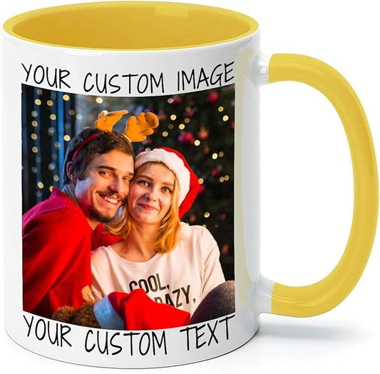 Ship Next Day Custom Mug Design Your Own Photo Text Personalized Picture Gifts for Women Men Customized Gifts Idea Personalized Coffee Mugs 11oz Yellow Handle