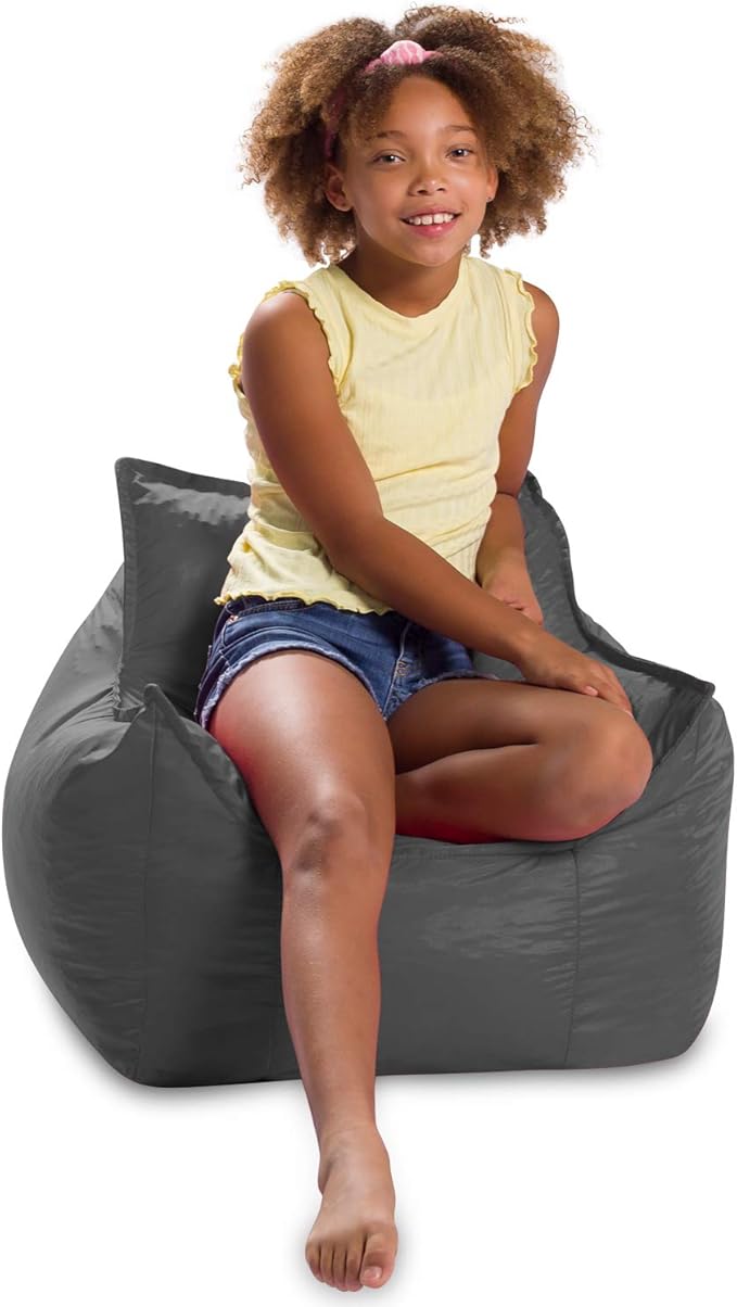 Posh Creations Bean Bag Chair Structured Comfy Seat for Gaming, Reading and Watching TV, for Children, Newport Chair, Nylon - Charcoal Gray
