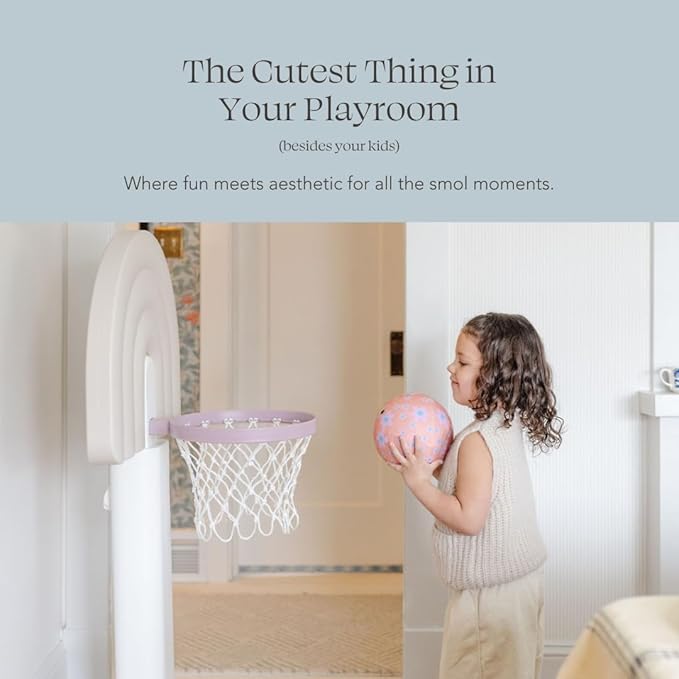 PLAYSMOL Basketball Hoop for Toddlers & Kids, Rainbow Backboard with Blue Rim, Indoor Outdoor Mini Basketball Hoop, Adjustable Height, Colorblock Plush Ball Included, Ages 18m+