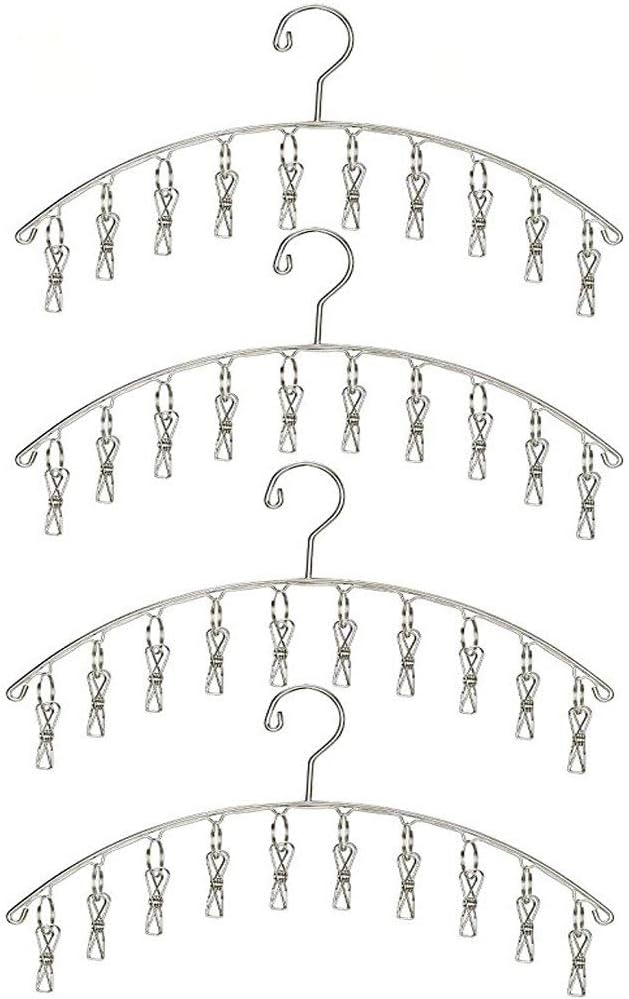 Toplife Clothes Hanger with 10 Clips, Stainless Steel, Windproof, for Drying Socks, Bras, Underwears, Baby Clothes, Hats, Scarfs, Towels, Pants and Gloves, Set of 4