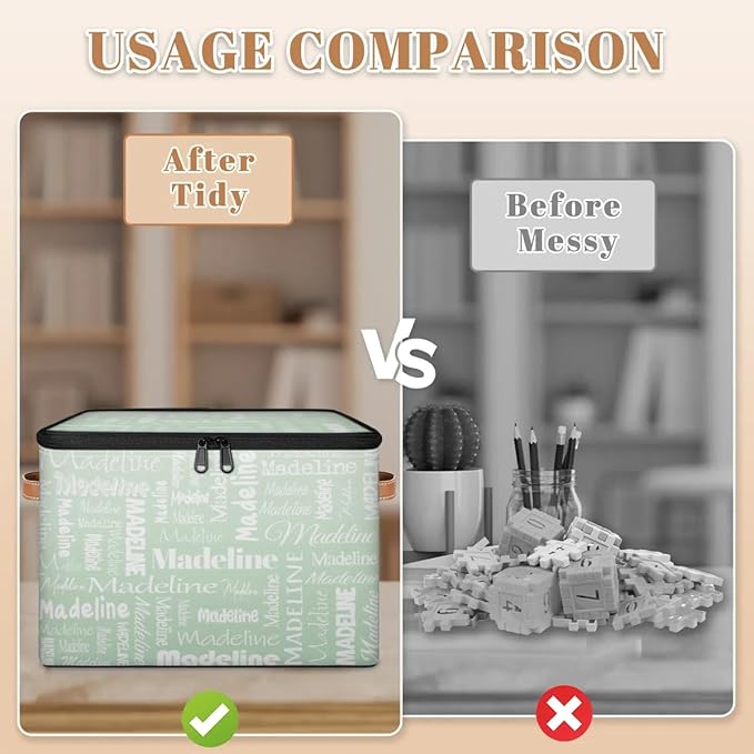 Custom Storage Basket with Name, Personalized Storage Bins with Zipper Lid, Foldable Fabric Storage Box Large capacity with Handle Green
