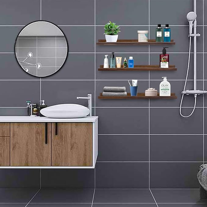 AZSKY 24 Inch Floating Shelves Rustic Wood Wall Shelf Deep Dark Walnut Floating Shelves a Set of 3 Hanging Narrow Picture Photo Ledge Shelves Wall Mounted Bathroom Bedroom Kitchen Office Décor