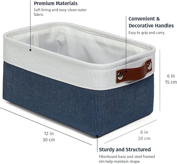 OrganiHaus Small Fabric Storage Baskets for Shelves 3 Pack, 12x8in Closet Storage Bins for Shelves, Cloth Baskets for Organizing, Linen Closet Organizers, Fabric Basket, Navy Blue/White