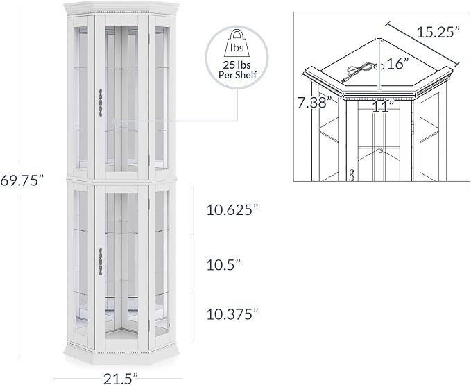 BELLEZE Lighted 3-Side Glass Display Curio Cabinet w/Tempered Glass Doors & - Image 2