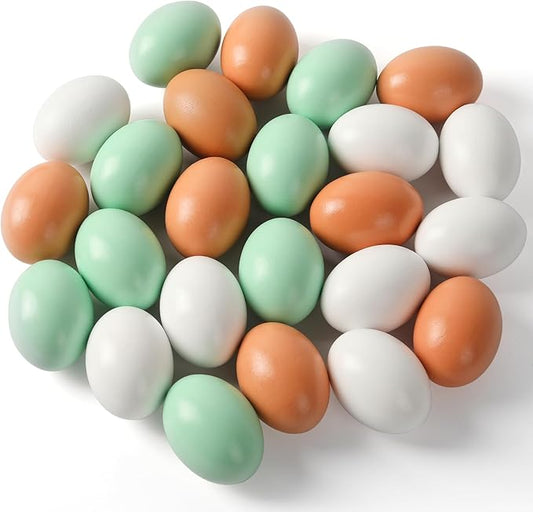 CALPALMY (24 Pieces) Hyper-Realistic Wooden Eggs - 3 Colors Wooden Fake Eggs for Easter, Painting, Decorating, Crafting, Fake Food, and Nest Box Training (8pcs Brown, 8pcs White, 8pcs Green)