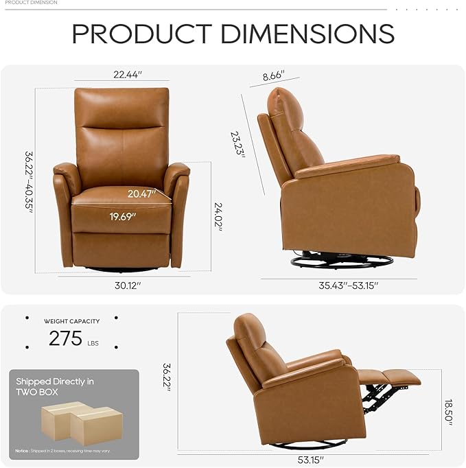 COLAMY Leather Swivel Recliner Chair with Footrest, High Back with Double-Layer Cushion, Glider Recliner for Nursery & Living Room, Bedroom, Camel