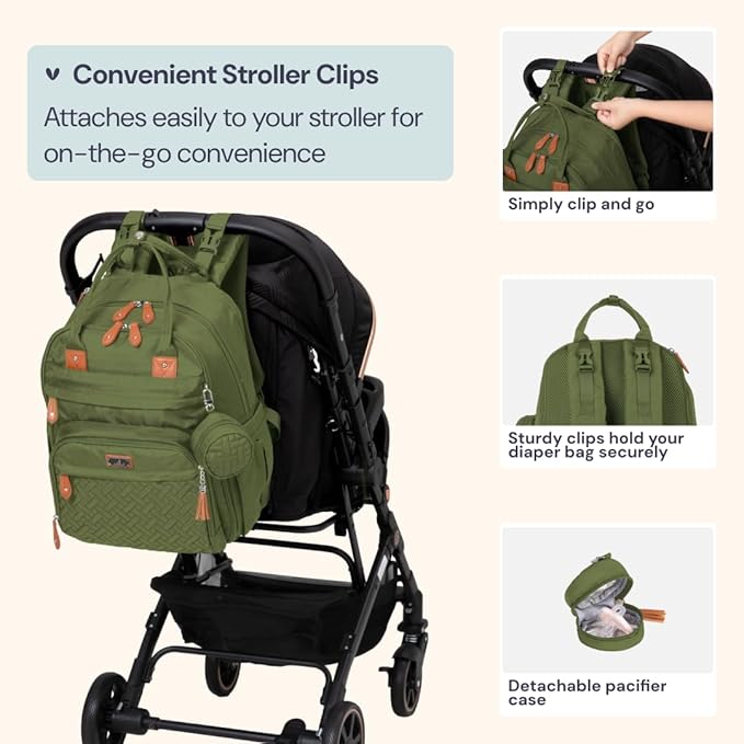 BabbleRoo Extra Large Diaper Bag Backpack, Expandable Baby Bag with Up to 50% More Capacity - Travel Essentials Baby Bag Tote with Changing Pad, Stroller Straps & Pacifier Case - Unisex, Forest Green