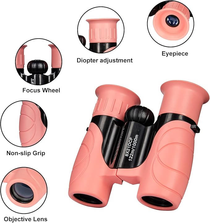 Pink Binoculars for Kids Ages 4-12, Durable & Lightweight Outdoor Telescope for Girls, Educational STEM Toy with Clear Vision, Adjustable Focus, Carry Bag (Perfect for Bird Watching, Camping, Travel)