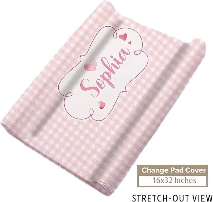 Custom Name Crib Bedding Set - Elephant Theme, Personalized Pink Checkered Nursery Bedding 3-Piece Set– Soft Blanket, Fitted Sheet, Changing Pad Cover – for Newborns Girls Nursery Gifts