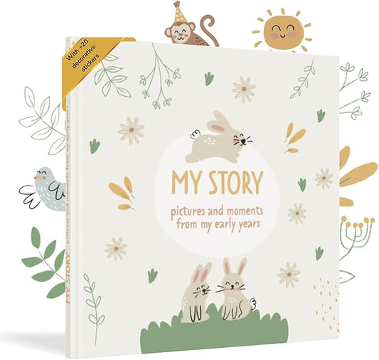 Baby Book Keepsake Gender Neutral to Paste Photos and Writing with +50 Pages and Stickers - Baby Memory Book from the First Year to 5th - Newborn Gifts, Baby Shower and Gender Reveal