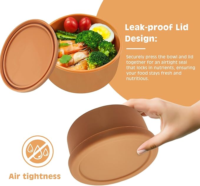XU&PEIQI Silicone Food Storage Containers & Round Bowls with Lids - Meal Prep Containers for Kitchen Serving, Salad & Lunch - Airtight Microwave/Fridge/Dishwasher Safe BPA-Free 24oz.(Beige)