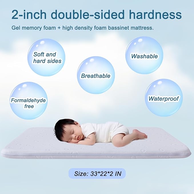 Baby Bassinet Mattress, 24" x 20.8" x 2" Dual Sided Gel Memory Foam Mattress with Breathable Removable Soft Cover Fit for Graco Pack n Play Dome LX Bassinet