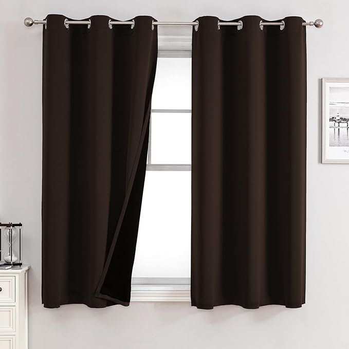 ChrisDowa 100% Blackout Curtains for Bedroom with Black Liner, 2 Thick Layers Total Blackout Thermal Insulated Grommet Window Curtains 2 Panels Set (Brown, 42 x 63 Inch)