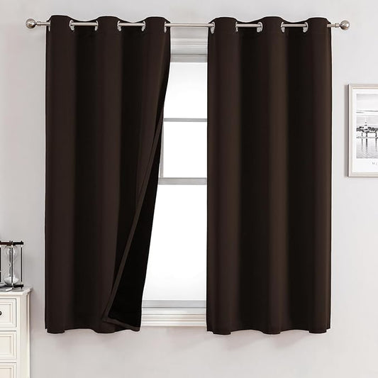 ChrisDowa 100% Blackout Curtains for Bedroom with Black Liner, 2 Thick Layers Total Blackout Thermal Insulated Grommet Small Window Curtains 2 Panels Set (Brown, 42 x 54 Inch)