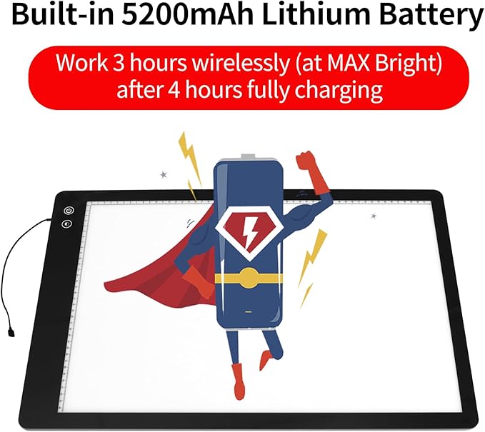 Rechargeable A2 Large Tracing Light Box with 3-Color Light Modes, Wireless Ultra-Thin LED Light Board with 6-Level/Stepless Brightness, Cordless Trace Light Pad for Sketching, 5D Diamond Painting