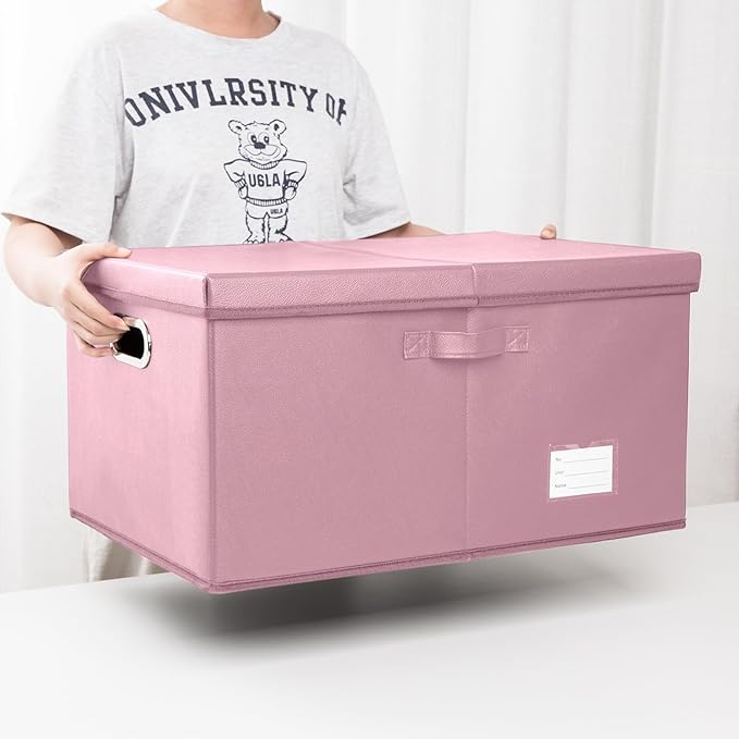 PRANDOM Collapsible Storage Box with Lid [1-Pack] Leather Fabric Foldable Storage Bin Organizer Container Basket Cube with Cover for Home Bedroom Closet Office Nursery Pink (22.8X15.7X11.8)