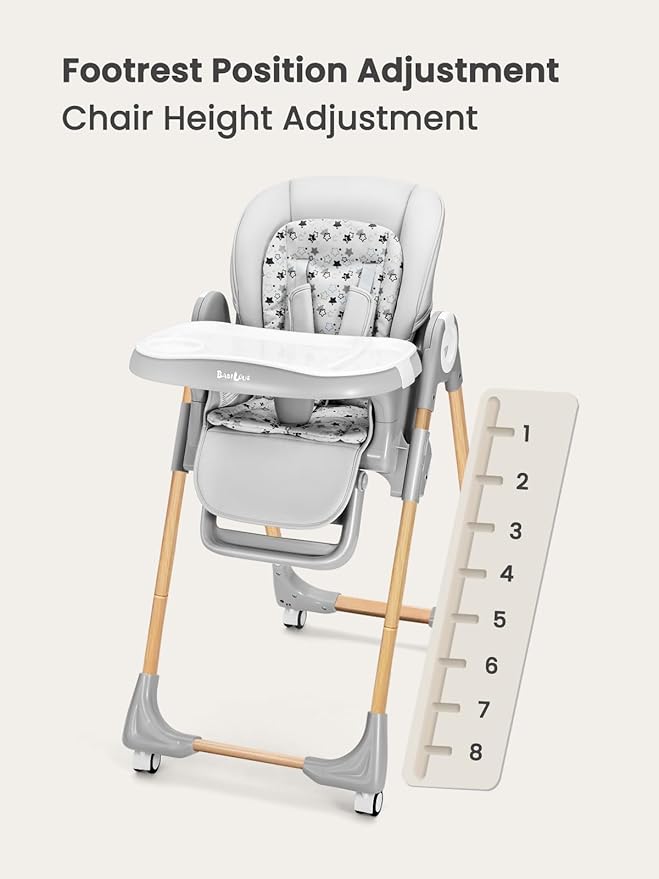 Foldable High Chair with Soft Cushion, High Chairs for Babies and Toddlers, Height Adjustable Feeding Chair, Adjustable Backrest and Footrest, Lockable Wheels, Woodgrain Star Gray