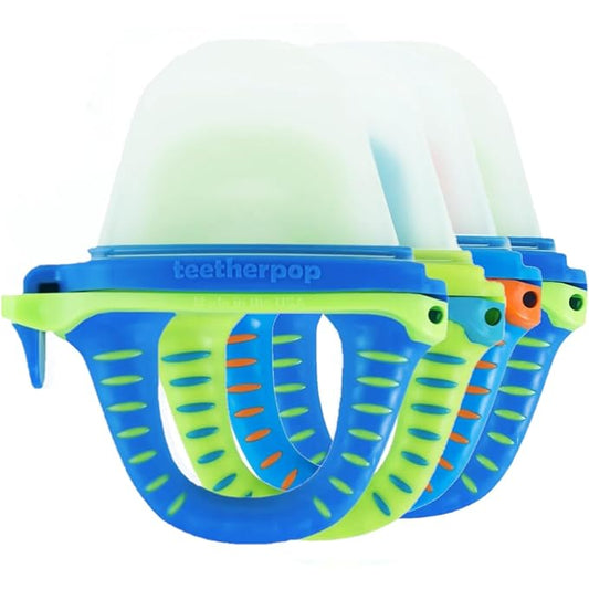 Teetherpop Fillable Silicone Teether for Babies – Breastmilk Popsicle Molds for Teething with Spill-Proof Sippy Slits – Freezable Baby Teethers for Liquids & Purées - Cooling Relief (4-Pack-Blues)