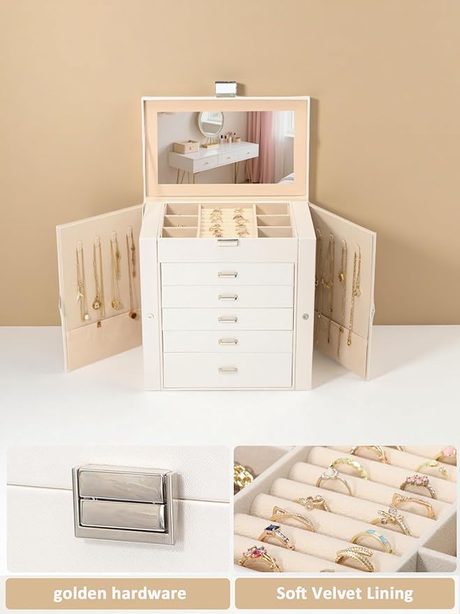 BOOVO Jewelry Box For women, 6 Layer Large Jewelry Organizer With Mirror, Multi-Function Storage Box With Lock, Accessory Holder With 5 Drawers, For Earrings Necklace Ring Bracelet (Pearl White)