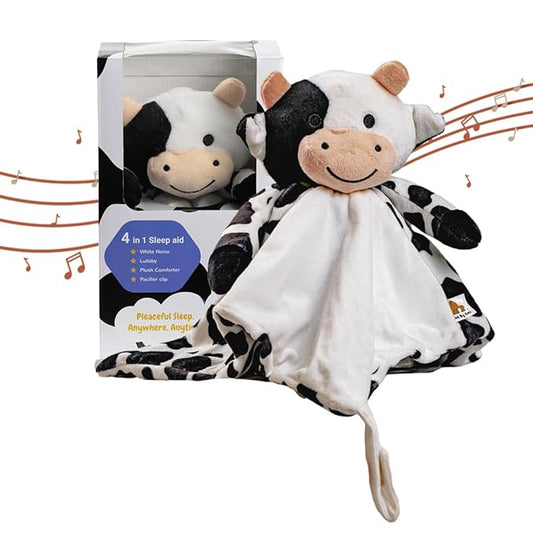 Love By Emi Baby Music Lovey Black & White Cow, Baby Sleep Soother for Crib & Cuddle Bedtime, White Noise with Heartbeat & Lullaby, Plush Sound Toy, Stuffed Animal for Newborns, Infants & Toddlers
