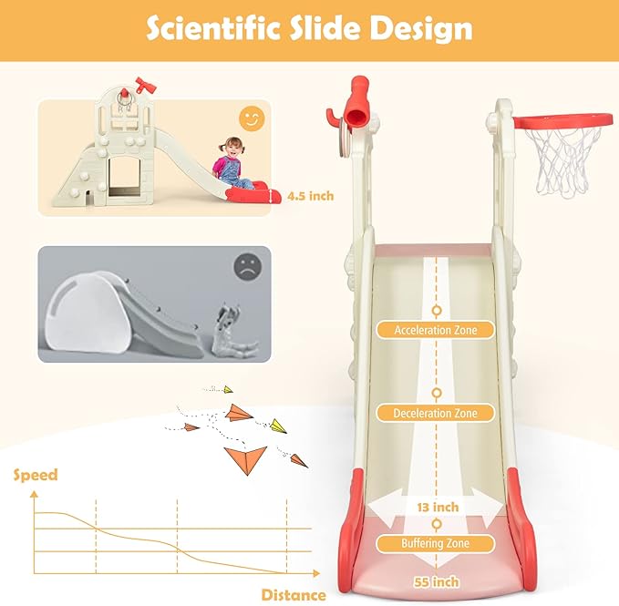 BABY JOY Toddler Large Slide, 6 in 1 Slide for Kids with Basketball Hoop, Ring Toss, 2 in 1 Convertible Climbing Way, Freestanding Kids Slide Climber Set for Indoors Outdoor Boys Girls Gifts Present