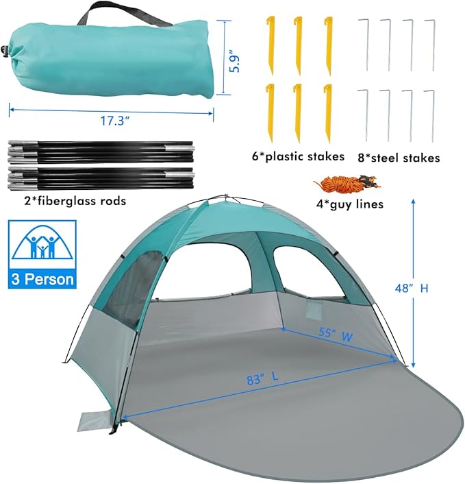 WhiteFang Beach Tent Anti-UV Portable Sun Shade Shelter for 3/4/6/8 Person, Extendable Floor with 3 Ventilating Mesh Windows Plus Carrying Bag, Stakes and Guy Lines