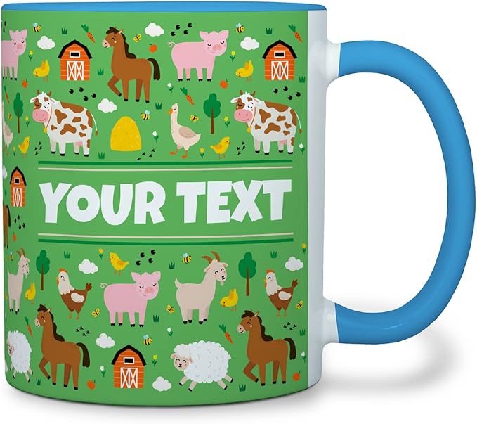 Personalized Mug for Kids - Farm Animals - Custom Name/Text, Ceramic Hot Chocolate/Cocoa/Coffee Cup for Boys/Girls, Birthday/Christmas/Holiday Gift - 11 oz, Light Blue Handle
