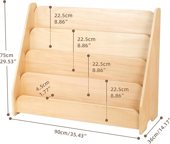 OOOK Kids Bookshelf, Wooden 4-Tier Front Facing Book Display Shelf for Kids, Toddler Montessori Bookshelf for Classroom, Playroom, Nursery