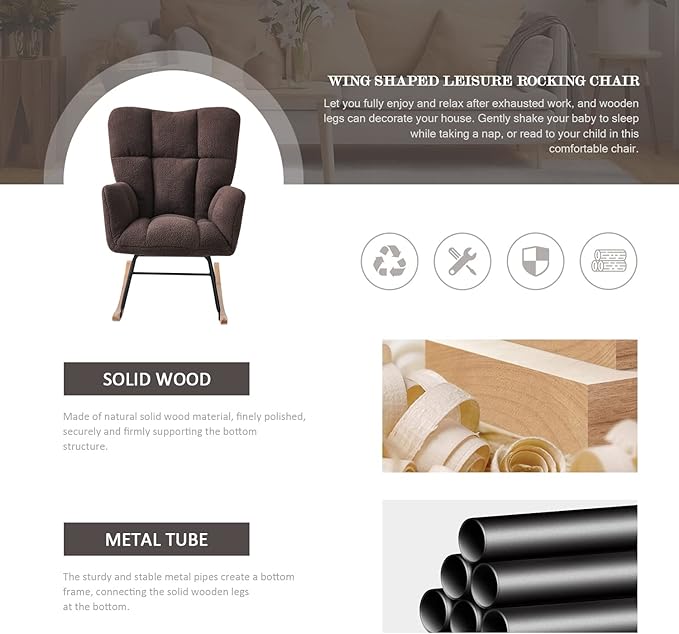 Nursery Rocking Chair, Teddy Upholstered Glider Rocker with High Backrest Armchair, Modern Rocking Accent Chairs for Nursery, Living Room, Bedroom, Offices (Brown)