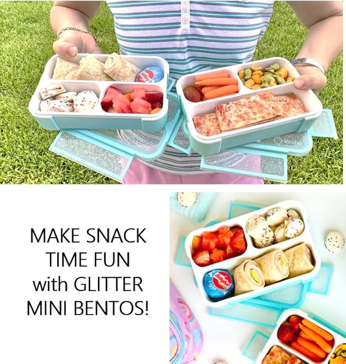 kinsho Glitter Bento Snack Containers with Lids, Mini Bento-box Lunch-Box for Toddler Daycare and Small Kids, Travel Meal Container, Leak-proof 2 pack Set, Pastel Blue + Teal Sparkle