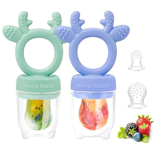 Baby Solids/Frozen Fruit Feeder Pacifier, Infant Teether Toy 4M+, BPA-Free Silicone Pouch & Nipple, Safely Introduce Solids, Teething Relief, 2-Pack (Deer - Green Purple, S/M/L)