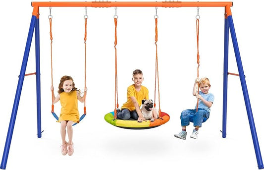 Swing Sets for Backyard, Outdoor Toys for Kids, Heavy Duty Metal A-Frame Swing Set Holds 440 lbs with 32" Saucer Seat, 26.2" Seat and Tree Disc