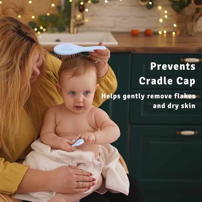 Baby Hair Brush Set for Newborns - Baby Brush and Comb Set - Ultra Soft Goat Hair Bristles, Perfect for Cradle Cap, Newborn Showers & Registries Gift, Comb Brush for Girls & Boys (Sky)