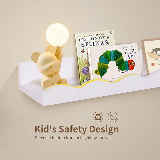 Nursery Book Shelves, 4 Pack White Floating Shelves for Wall, Wood Scalloped Shelves for Storage Books, Wall Book Shelf for Kids Rooms, Bedroom, Toddler Room, Baby Room, Nursery Decor