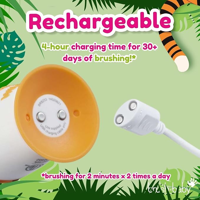 brush-baby WildOnes™ Rechargeable Kids Electric Toothbrush – Toby Tiger | Flashing Lights, 2-Min Timer, Waterproof, 3 Brush Heads | Toddler & Child Toothbrush Ages 0-10 | Soft Bristles