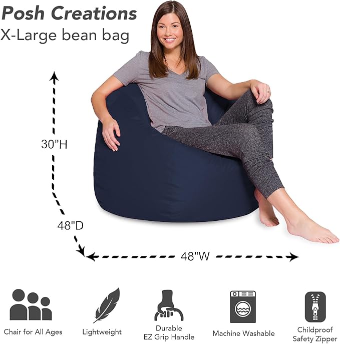 Posh Creations Bean Bag Chair for Kids, Teens, and Adults Includes Removable and Machine Washable Cover, Solid Navy Blue, 48in - X-Large