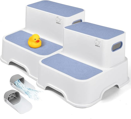 Blue Toddler Step Stool for Bathroom Sink, 2 Step Stool for Kids Kitchen Sink, Heavy Duty Stepping Stool for Toddlers Toilet Potty Training (2 Pack, White-Blue)