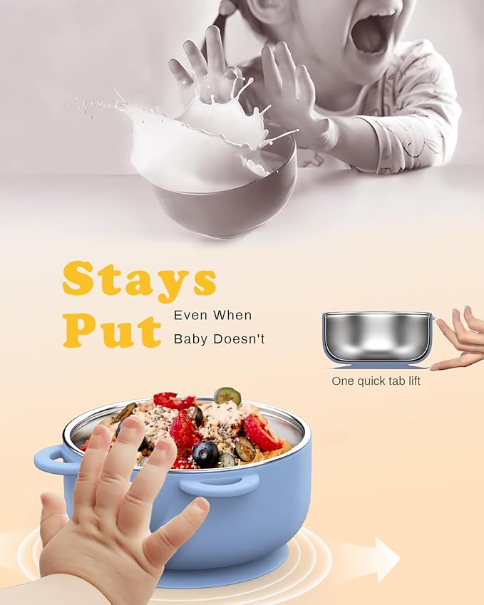 Baby Suction Bowls with Lids 4-Pack, 2-in-1 Stainless Steel 304 Toddler Bowl & Removable Silicone Suction Kids Bowl Plate Set Non Toxic Snack Dishes for Self-Feeding, Sunrise Meadow