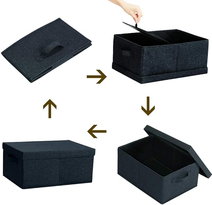 HOONEX Linen Foldable Storage Bins with Lids, 2 Pack, Storage Boxes with Carrying Handles and Sturdy Heavy Cardboard, 16.5" L x 11.8" W x 7.5" H for Shoes, Books, Clothes, Nursery, Dark Grey
