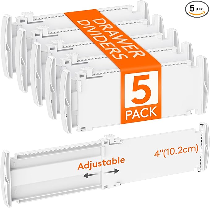 Lifewit 5 Pack Drawer Dividers 4" High, 10.5-16.5" Dresser Drawer Divider, Adjustable Drawer Organizers for Clothes, Plastic Drawers Separators for Dresser, Bedroom, Bathroom, Kitchen, Office