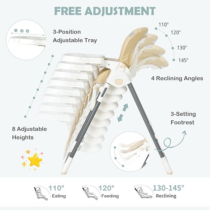 BABY JOY High Chair for Babies & Toddlers, Foldable High Chair w/Adjustable Height/Backrest/Footrest, Double Removable Tray, Book Holder & Storage Bag, Highchair for 6-36 Months Girls Boys (Beige)